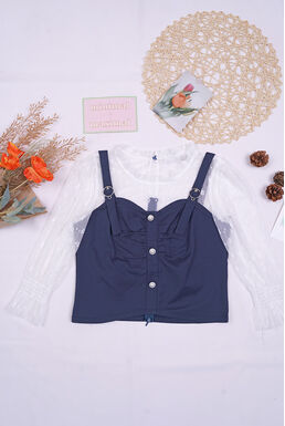 White Mesh Sleeve Pearl Details One Piece Ruched Top (Navy)